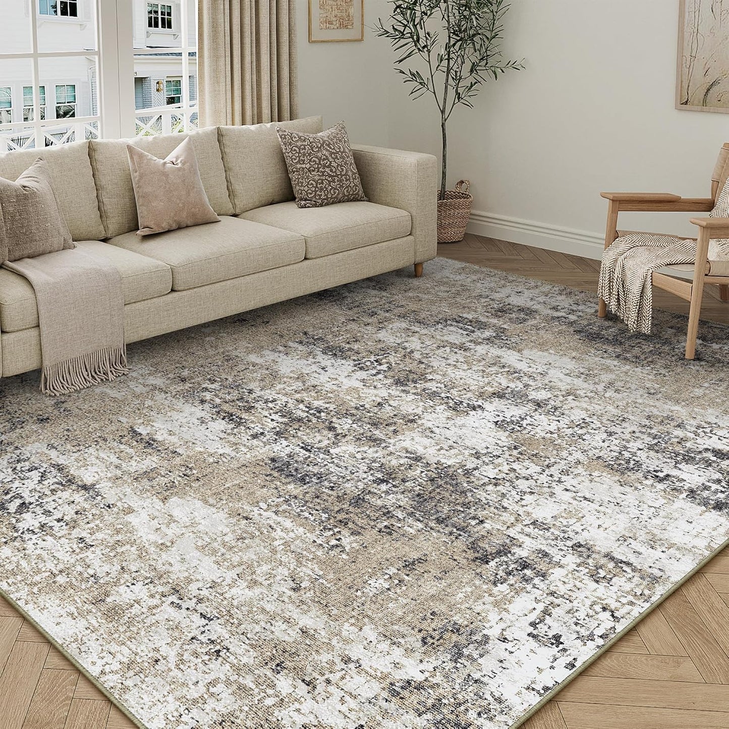 Washable Brown Area Rug 8x10 Modern Abstract Living Room Large Carpet Bedroom Neutral Soft Throw Rug Low Pile Non Slip Indoor Contemporary Floor Cover for Dining Room Office