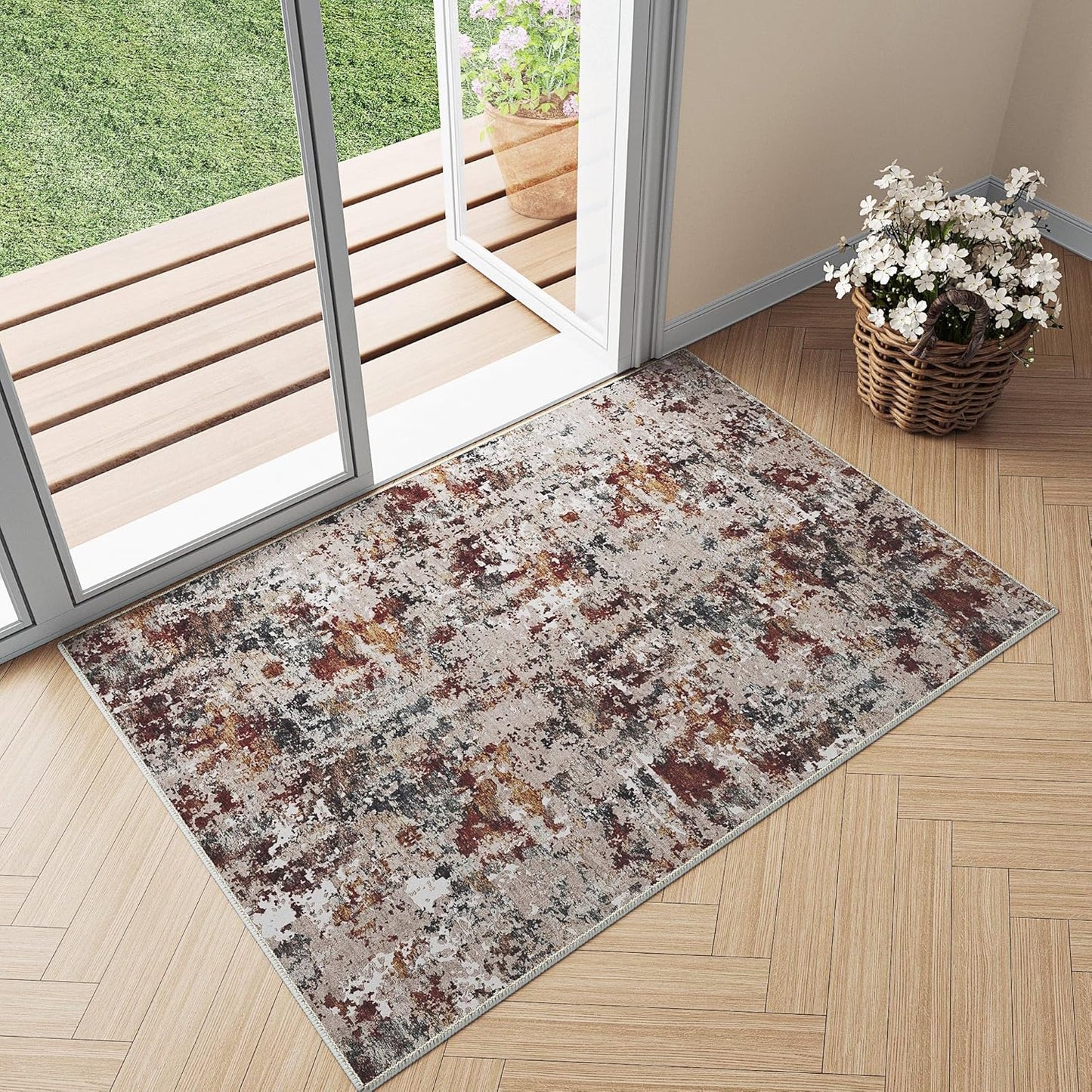 Washable Brown Area Rug 8x10 Modern Abstract Living Room Large Carpet Bedroom Neutral Soft Throw Rug Low Pile Non Slip Indoor Contemporary Floor Cover for Dining Room Office