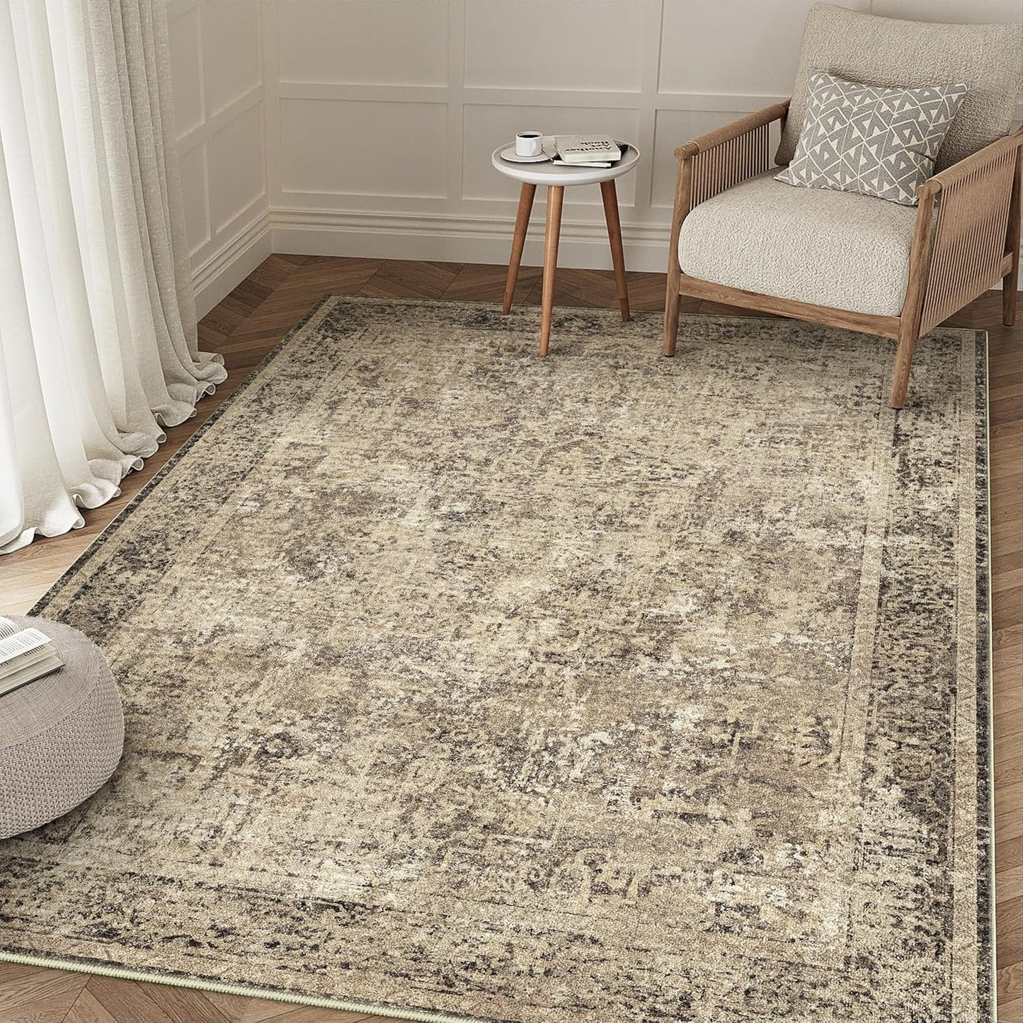 Washable Brown Area Rug 8x10 Modern Abstract Living Room Large Carpet Bedroom Neutral Soft Throw Rug Low Pile Non Slip Indoor Contemporary Floor Cover for Dining Room Office