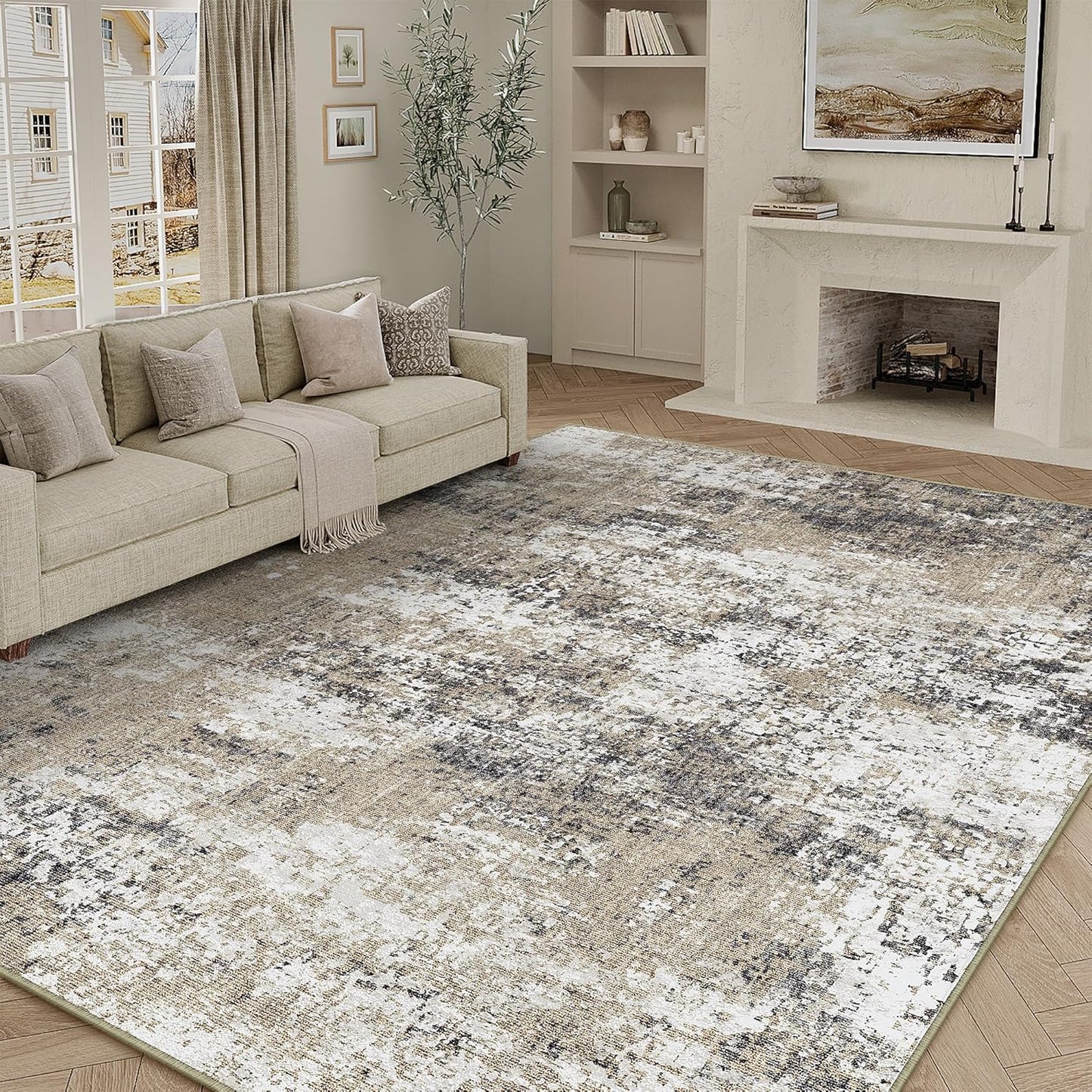 Washable Brown Area Rug 8x10 Modern Abstract Living Room Large Carpet Bedroom Neutral Soft Throw Rug Low Pile Non Slip Indoor Contemporary Floor Cover for Dining Room Office