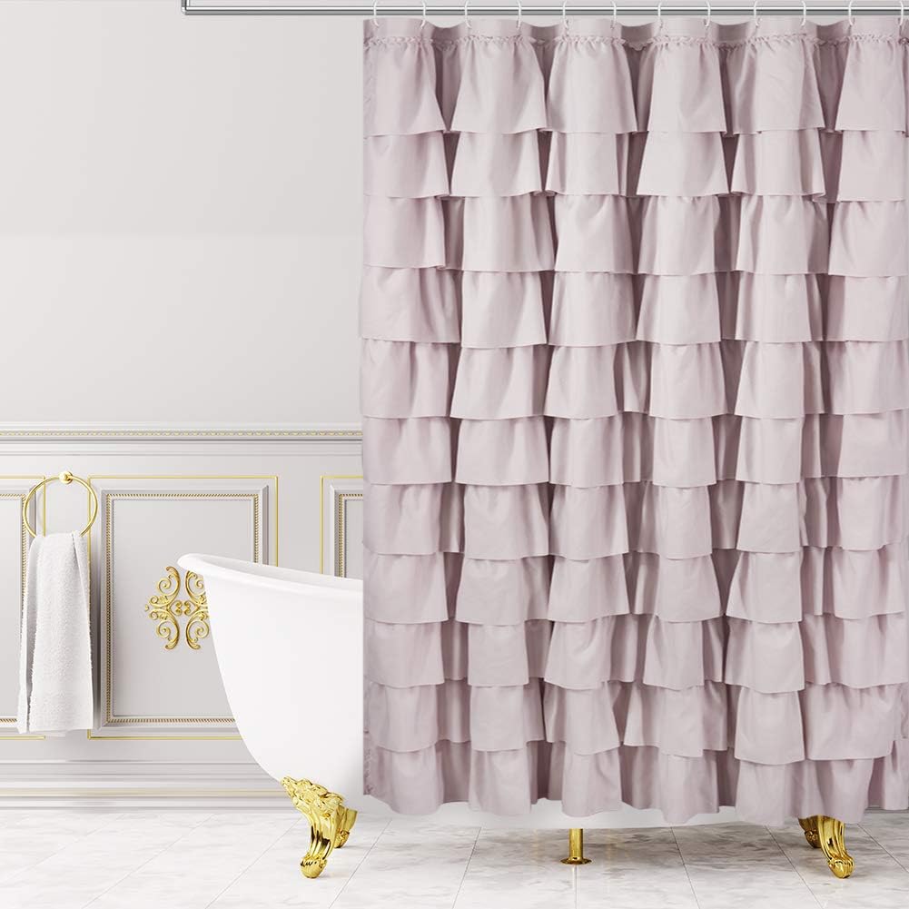 White Ruffle Shower Curtain - Farmhouse Cloth Bathroom 72 x 72 Inches Texture Fashion, Double Layer Fabric, not See Through.