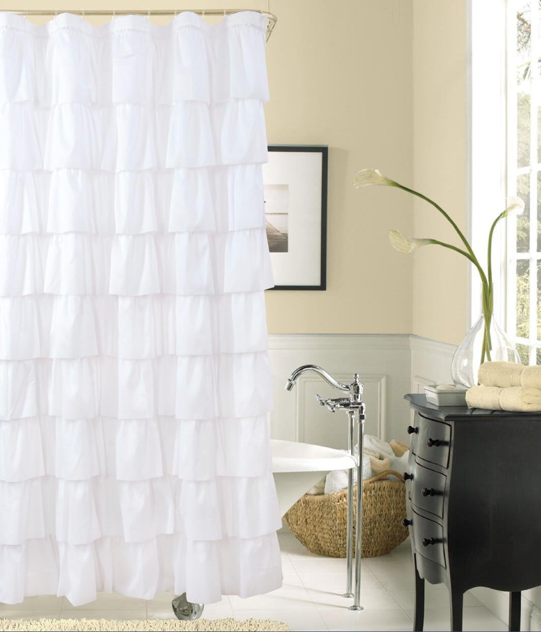 White Ruffle Shower Curtain - Farmhouse Cloth Bathroom 72 x 72 Inches Texture Fashion, Double Layer Fabric, not See Through.