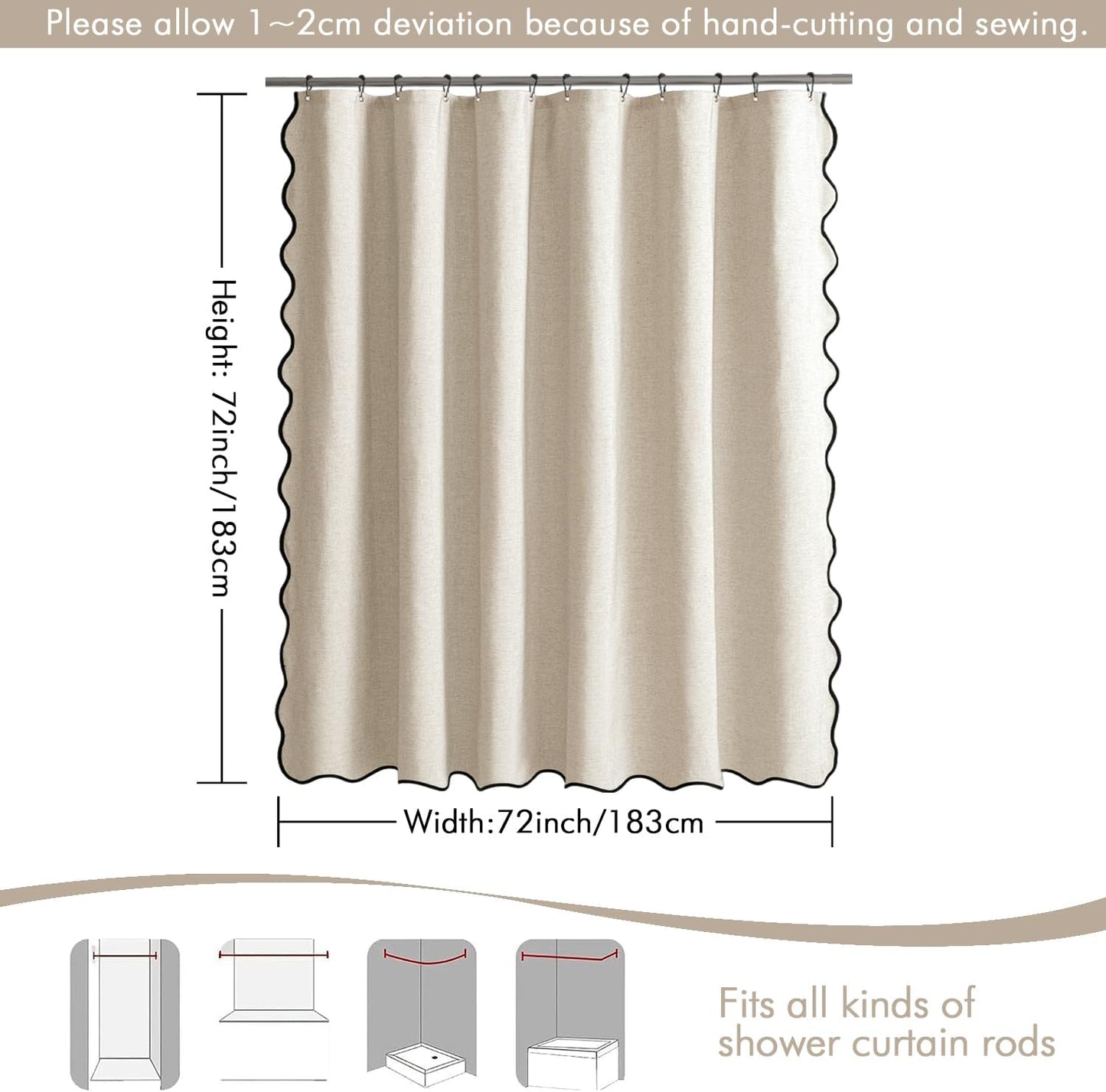 MIULEE Beige Scalloped Shower Curtain Linen Textured with 12 Metal Hooks Cute Heavy Duty Washable Waterproof Neutral Thick Cloth Shower Curtains with Black Border for Bathroom Hotel Bathtub,W72*L72