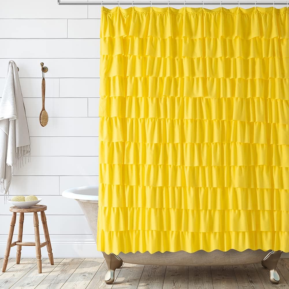White Ruffle Shower Curtain - Farmhouse Cloth Bathroom 72 x 72 Inches Texture Fashion, Double Layer Fabric, not See Through.