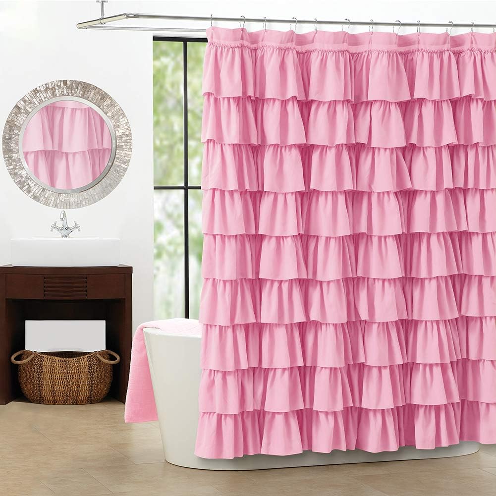 White Ruffle Shower Curtain - Farmhouse Cloth Bathroom 72 x 72 Inches Texture Fashion, Double Layer Fabric, not See Through.