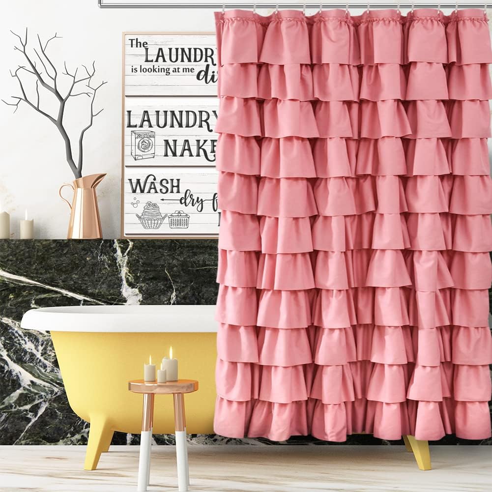White Ruffle Shower Curtain - Farmhouse Cloth Bathroom 72 x 72 Inches Texture Fashion, Double Layer Fabric, not See Through.