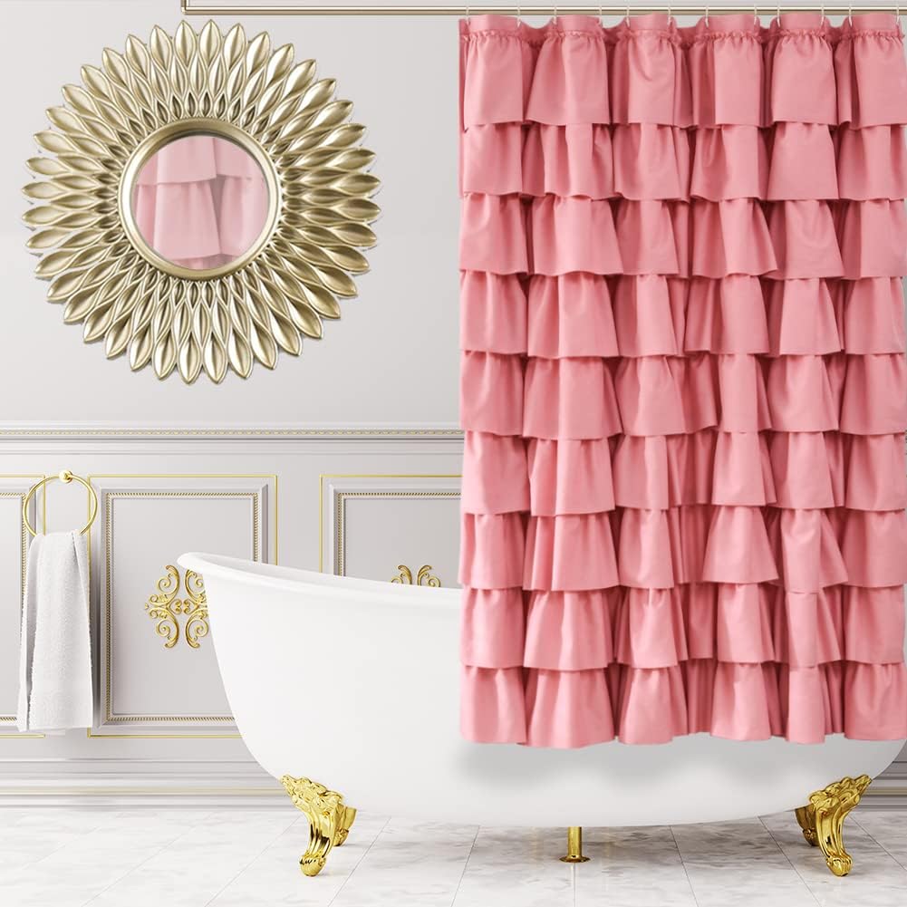White Ruffle Shower Curtain - Farmhouse Cloth Bathroom 72 x 72 Inches Texture Fashion, Double Layer Fabric, not See Through.