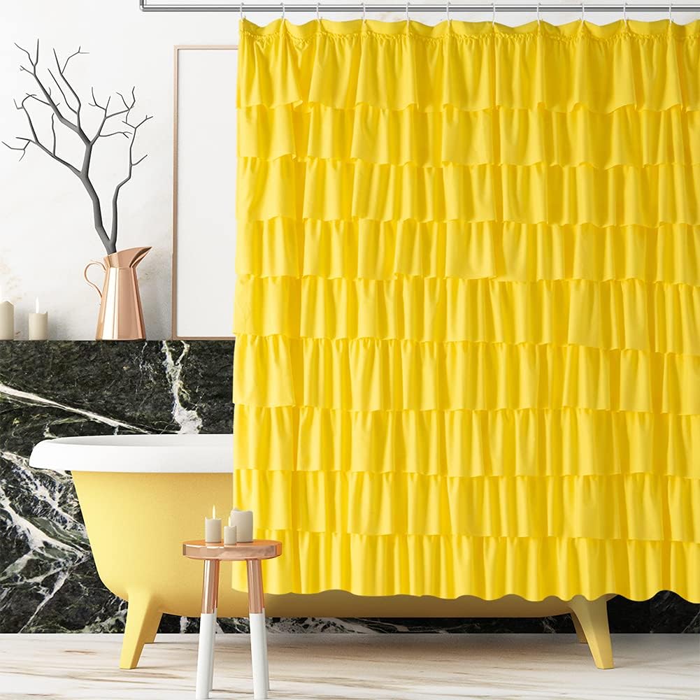 White Ruffle Shower Curtain - Farmhouse Cloth Bathroom 72 x 72 Inches Texture Fashion, Double Layer Fabric, not See Through.