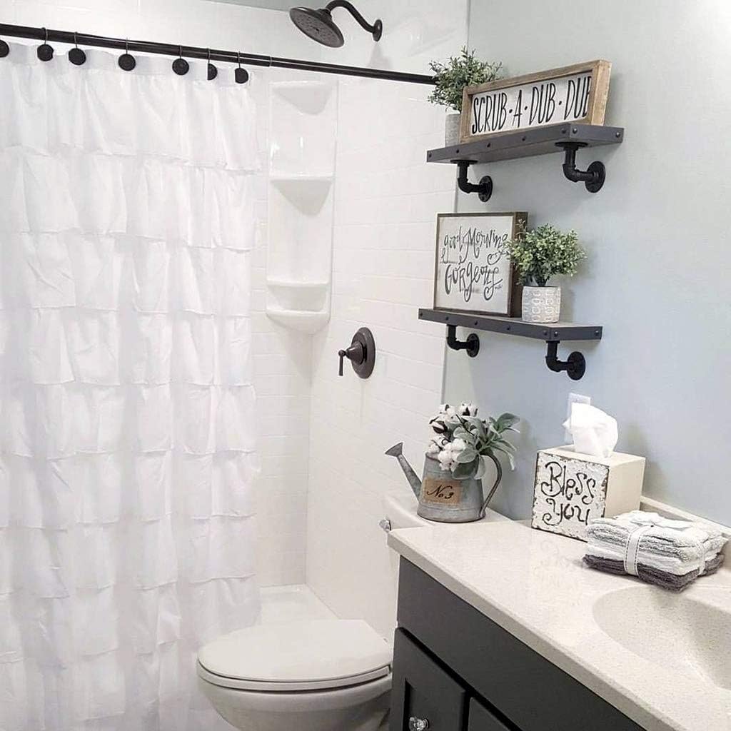 White Ruffle Shower Curtain - Farmhouse Cloth Bathroom 72 x 72 Inches Texture Fashion, Double Layer Fabric, not See Through.