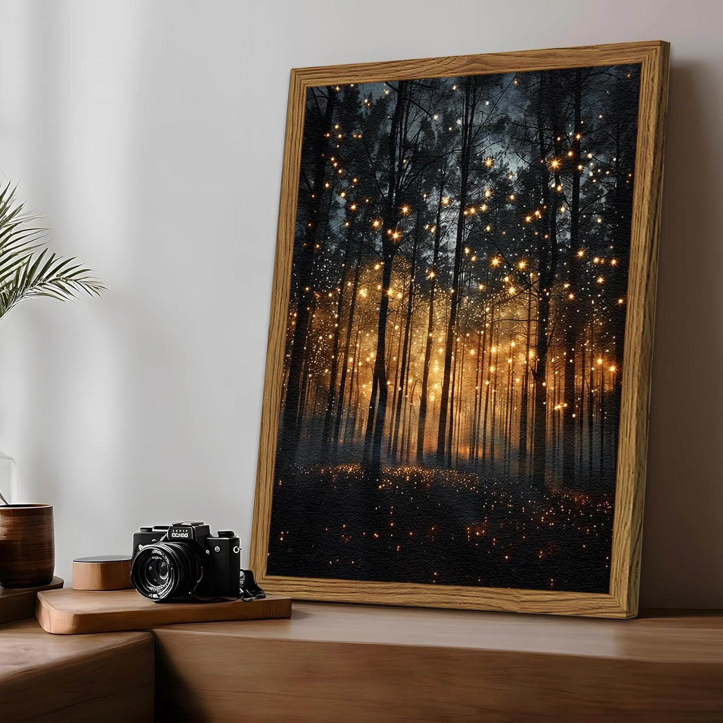 Enchanted Forest Firefly Wall Art, Dark Twilight Landscape Wall Decor 3D Texture Hand Drawn Sandstone Magical Nature Botanical Painting Artwork for Bedroom Living Room 24x16 inch Wood Framed
