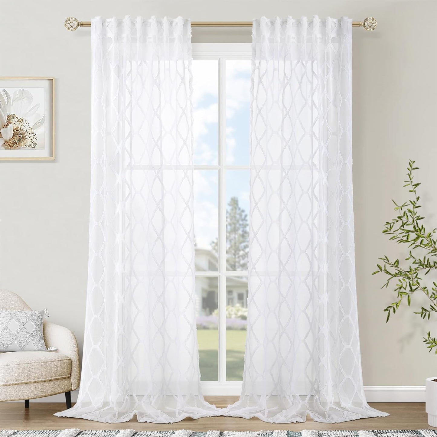 Beige Sheer Curtains 84 Inches Long for Living Room Rod Pocket Back Tab Sand Taupe Tan Semi Sheer Curtain Geometric Embroidered Tuft Pom Textured Drapes Earth Tone Farmhouse Rustic Bedroom Nursery