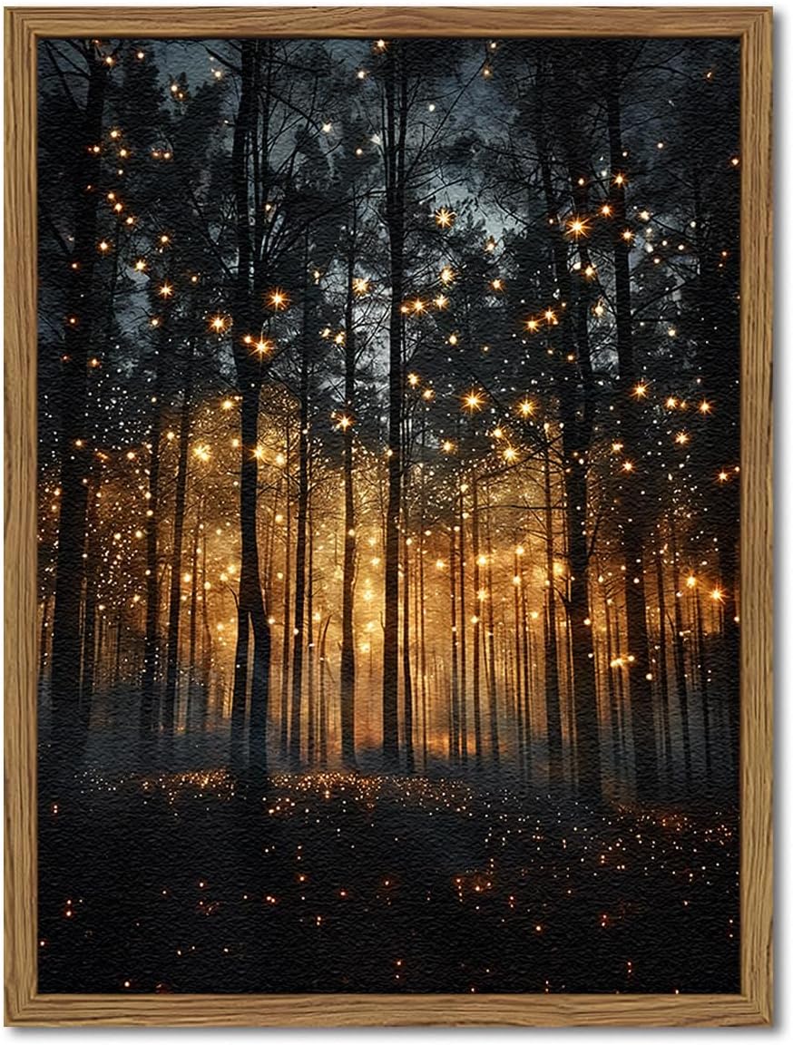 Enchanted Forest Firefly Wall Art, Dark Twilight Landscape Wall Decor 3D Texture Hand Drawn Sandstone Magical Nature Botanical Painting Artwork for Bedroom Living Room 24x16 inch Wood Framed