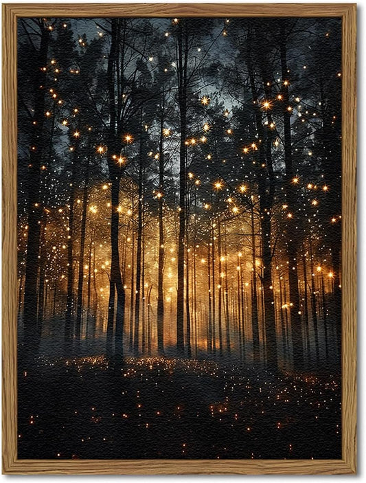 Enchanted Forest Firefly Wall Art, Dark Twilight Landscape Wall Decor 3D Texture Hand Drawn Sandstone Magical Nature Botanical Painting Artwork for Bedroom Living Room 24x16 inch Wood Framed