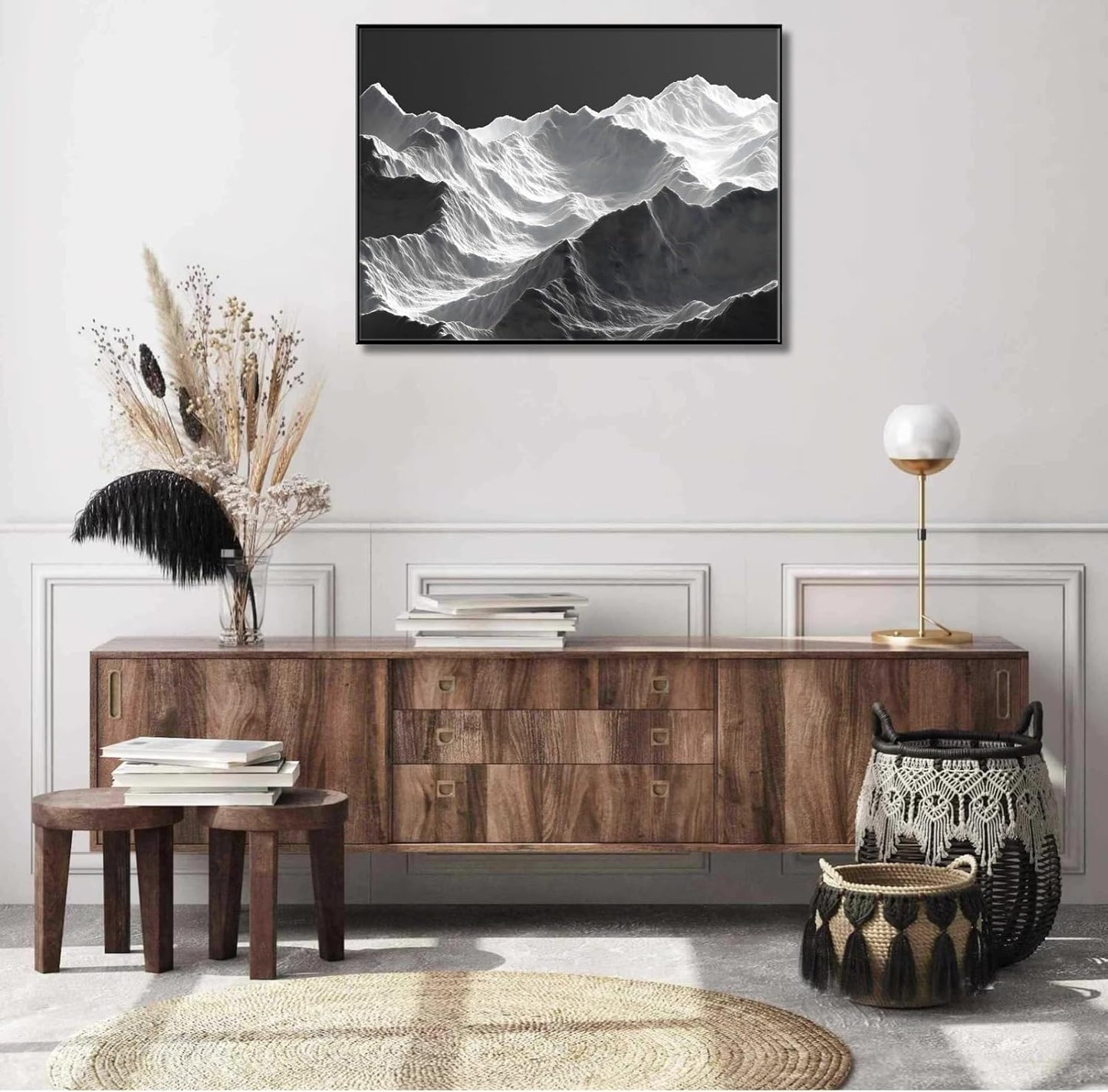 Black Landscape Art Paintings for Wall, Mountain Art Wall Decor, Fantasy Landscape Art, Mountain Wall Art, Black and White Abstract Wall Art (Black Frame, 54W x40L, Framed)