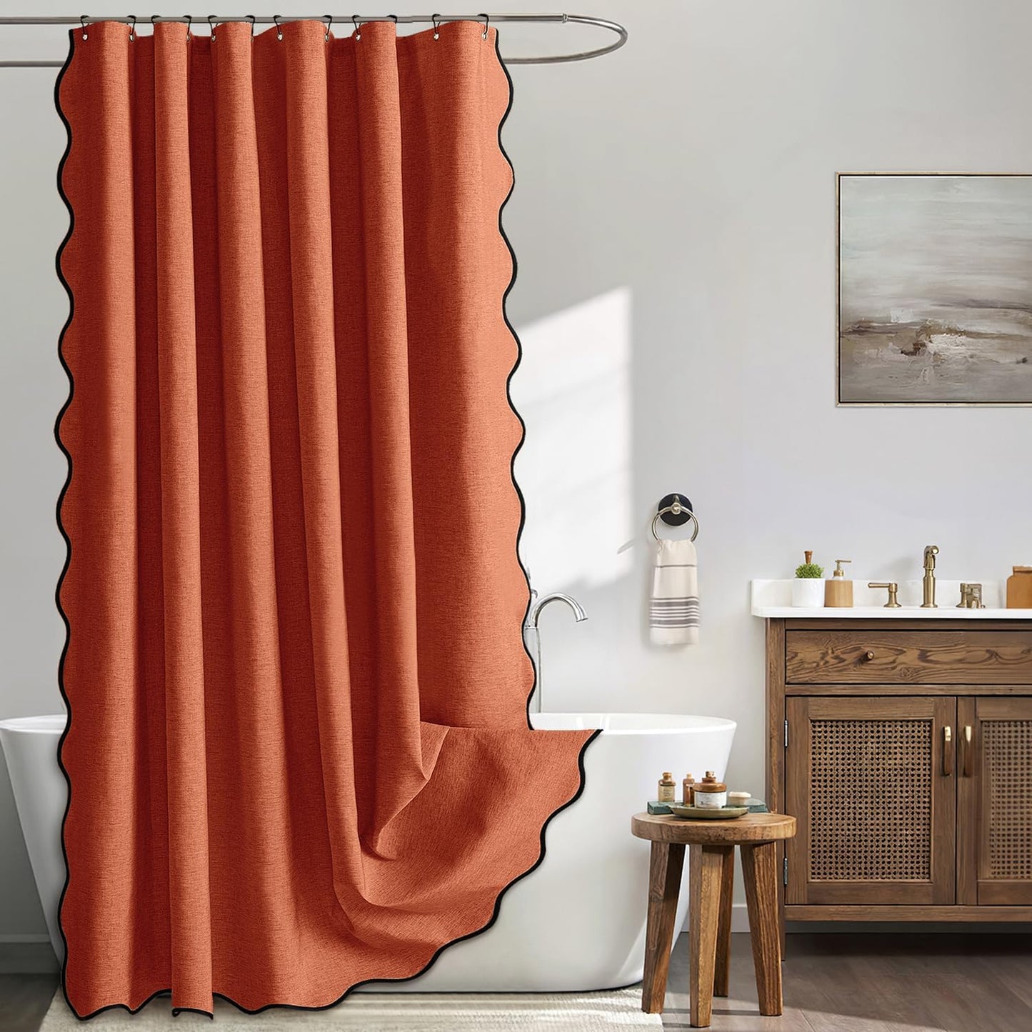 MIULEE Beige Scalloped Shower Curtain Linen Textured with 12 Metal Hooks Cute Heavy Duty Washable Waterproof Neutral Thick Cloth Shower Curtains with Black Border for Bathroom Hotel Bathtub,W72*L72