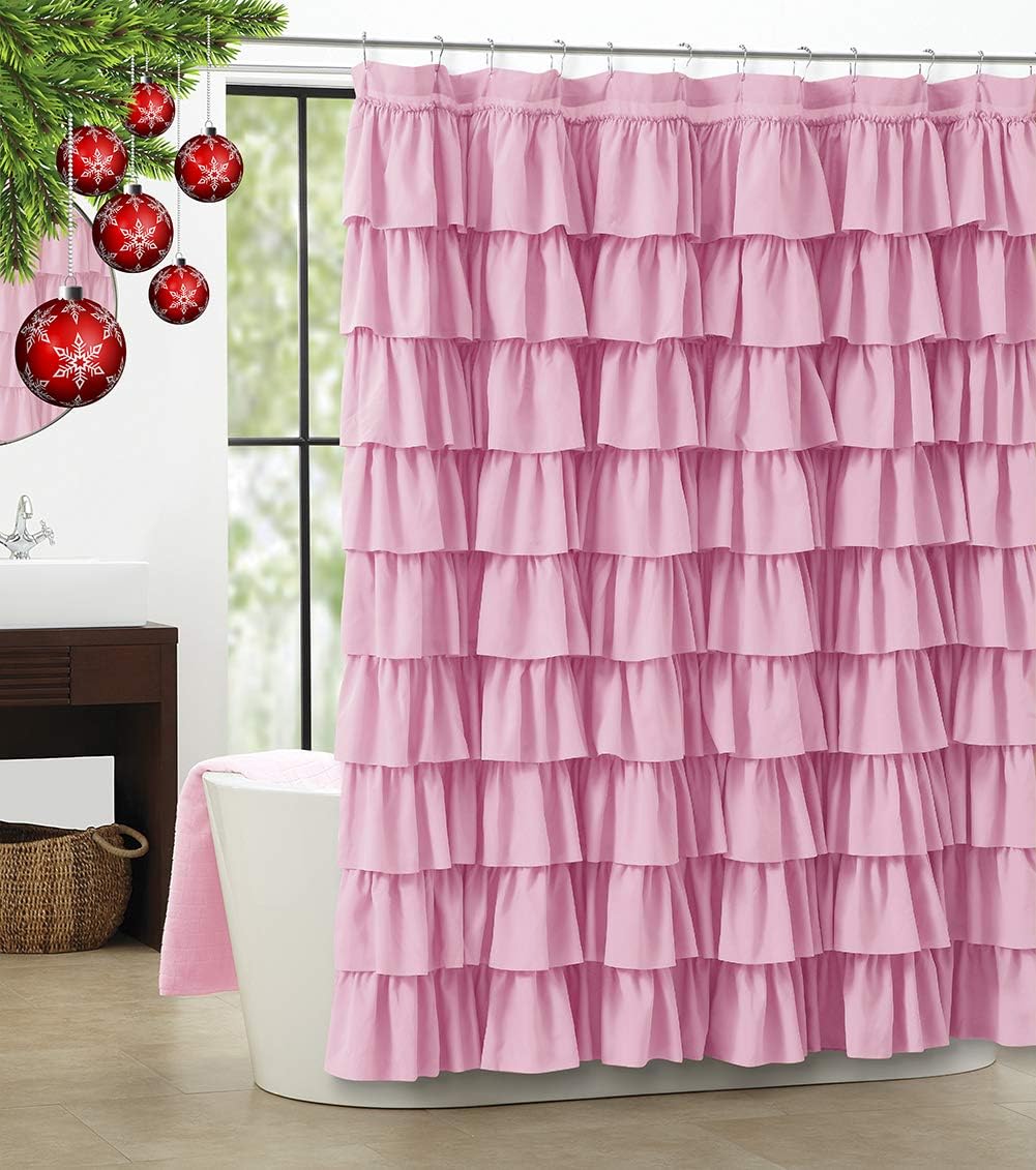 White Ruffle Shower Curtain - Farmhouse Cloth Bathroom 72 x 72 Inches Texture Fashion, Double Layer Fabric, not See Through.