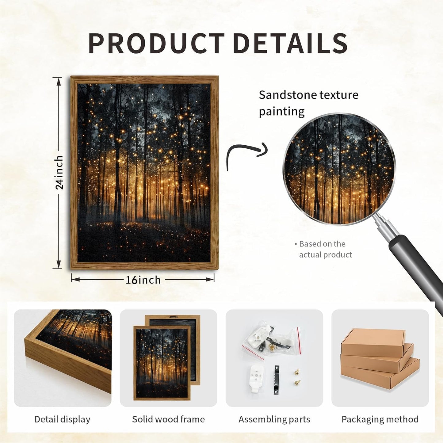 Enchanted Forest Firefly Wall Art, Dark Twilight Landscape Wall Decor 3D Texture Hand Drawn Sandstone Magical Nature Botanical Painting Artwork for Bedroom Living Room 24x16 inch Wood Framed
