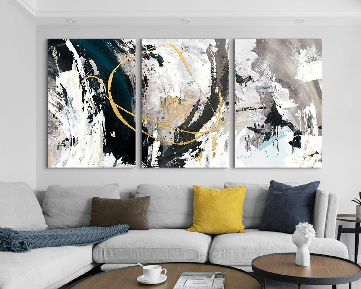 GIFTTWART Oversized Abstract Wall Art – Black White and Gold Canvas Painting with Textured Look for Living Room or Office Decoration