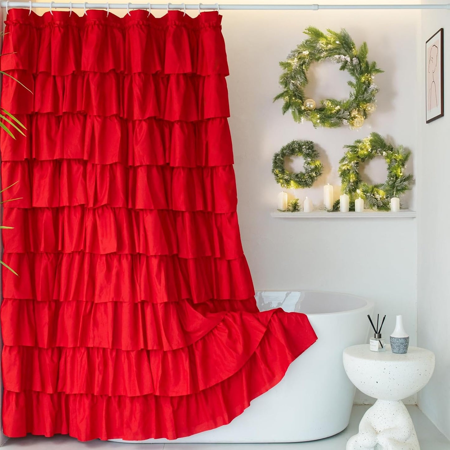 White Ruffle Shower Curtain - Farmhouse Cloth Bathroom 72 x 72 Inches Texture Fashion, Double Layer Fabric, not See Through.