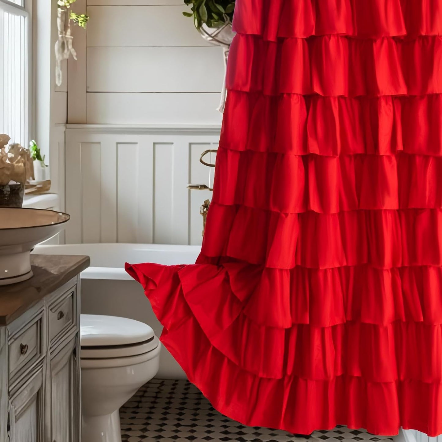 White Ruffle Shower Curtain - Farmhouse Cloth Bathroom 72 x 72 Inches Texture Fashion, Double Layer Fabric, not See Through.