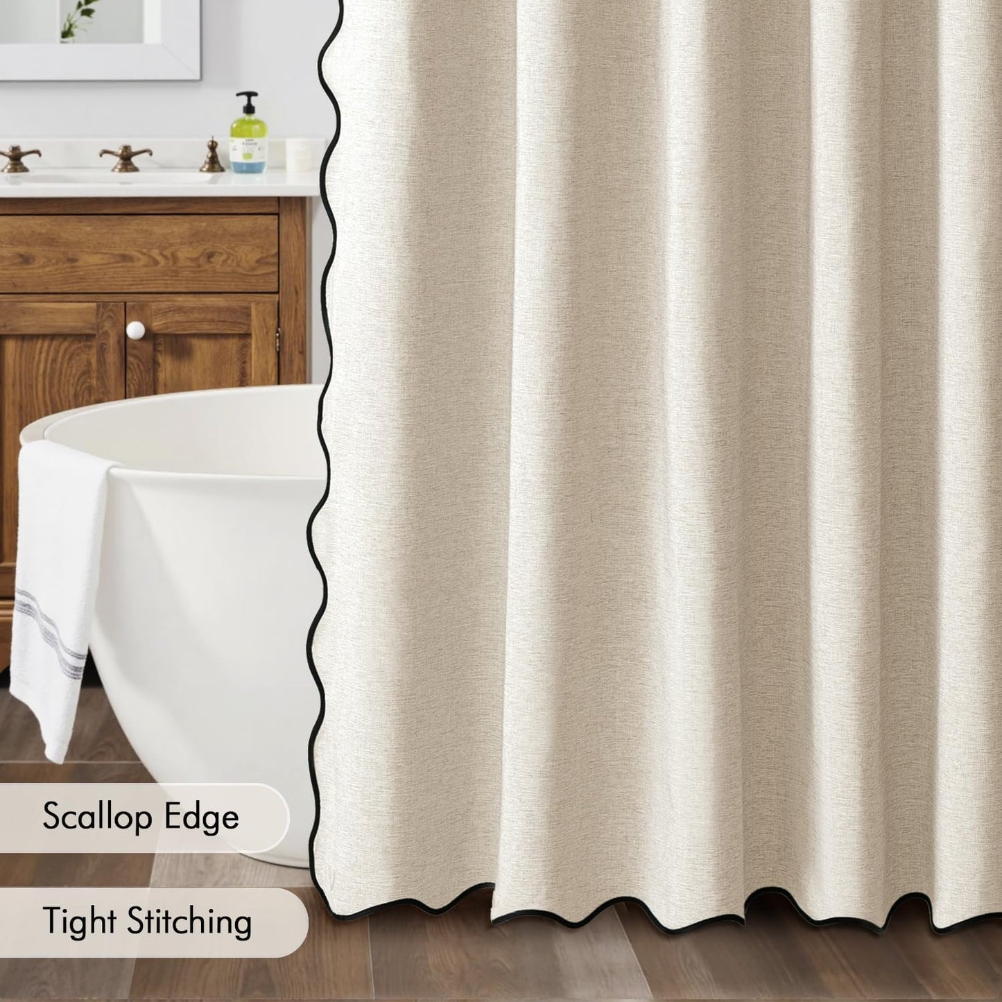 MIULEE Beige Scalloped Shower Curtain Linen Textured with 12 Metal Hooks Cute Heavy Duty Washable Waterproof Neutral Thick Cloth Shower Curtains with Black Border for Bathroom Hotel Bathtub,W72*L72