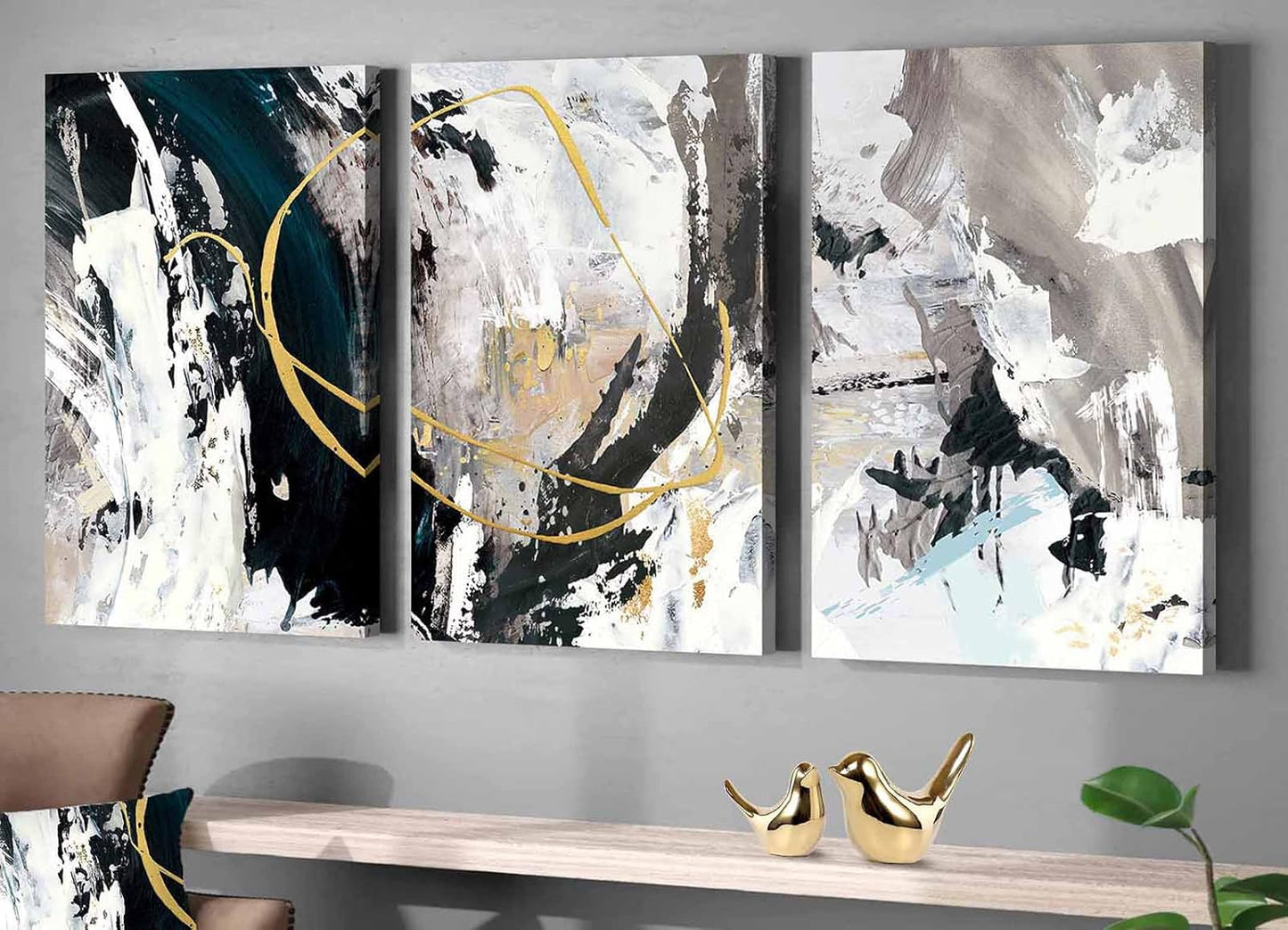GIFTTWART Oversized Abstract Wall Art – Black White and Gold Canvas Painting with Textured Look for Living Room or Office Decoration
