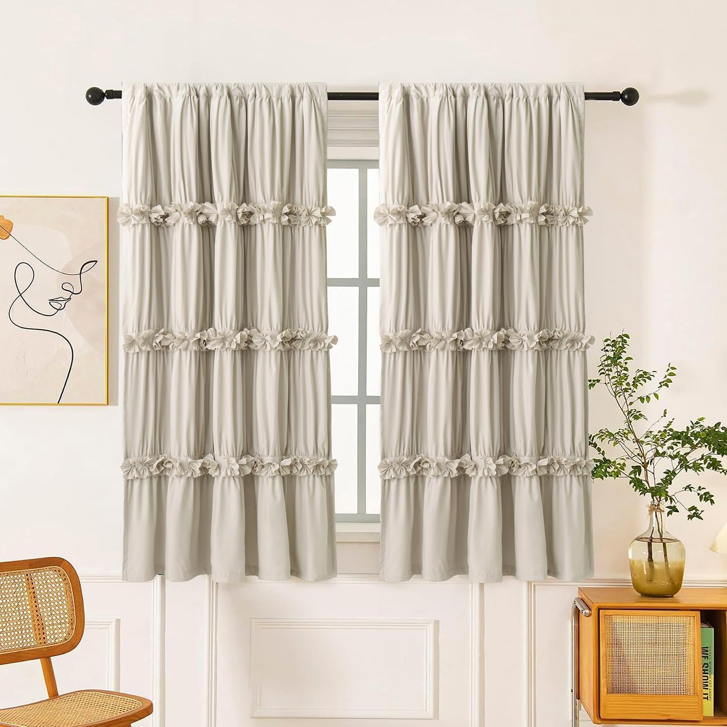 Thermal Insulated Blackout Window Curtains, 54" W x 84" L x 2 Panels, Boho Ruched Window Treatments with 3 Rows of Butterfly Flowers, Rustic Rod Pocket Drapes for Room, White (LQ-30)