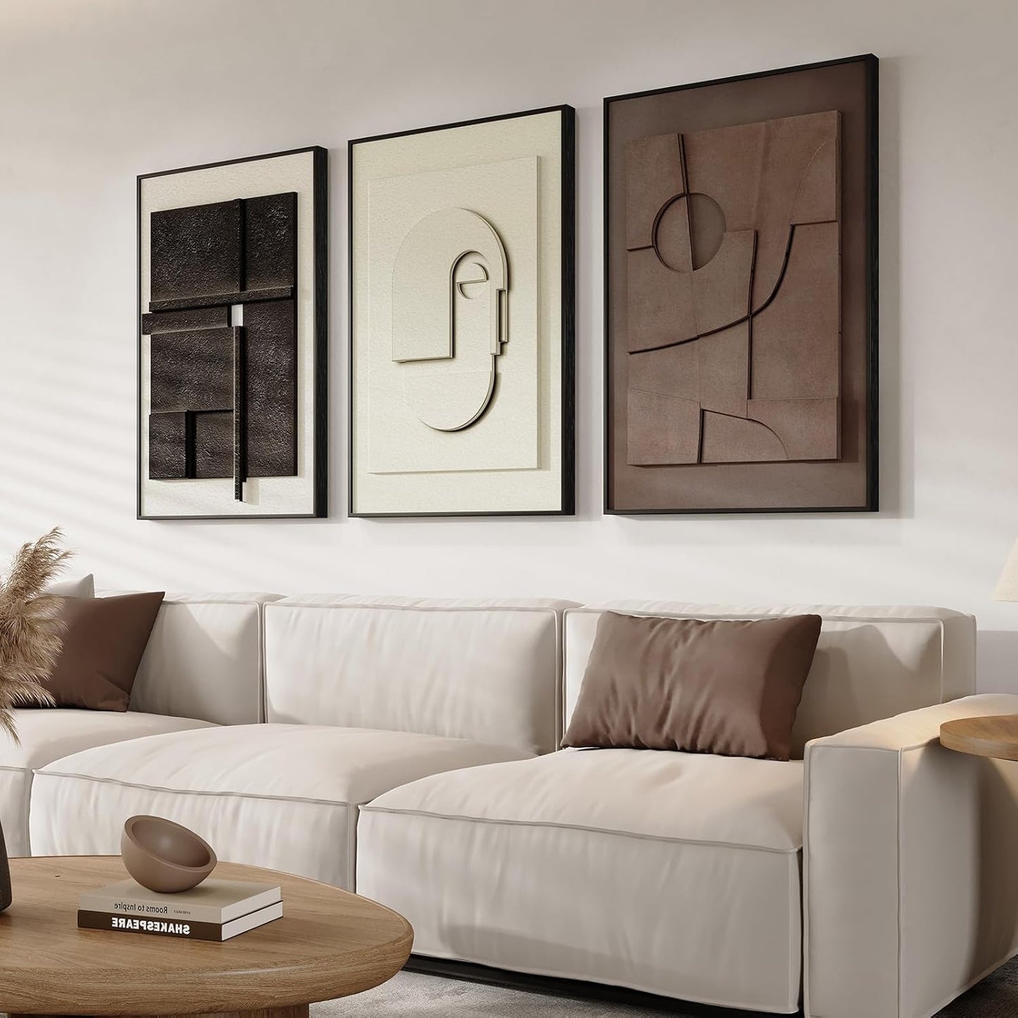 Large 3D Textured Framed Abstract Wall Art for Living Room, 3 Piece Modern Paintings Artwork for Walls, Black White Brown Geometric Sandstone Texture Pictures for Hallway Office Wall Decor 24x36 In