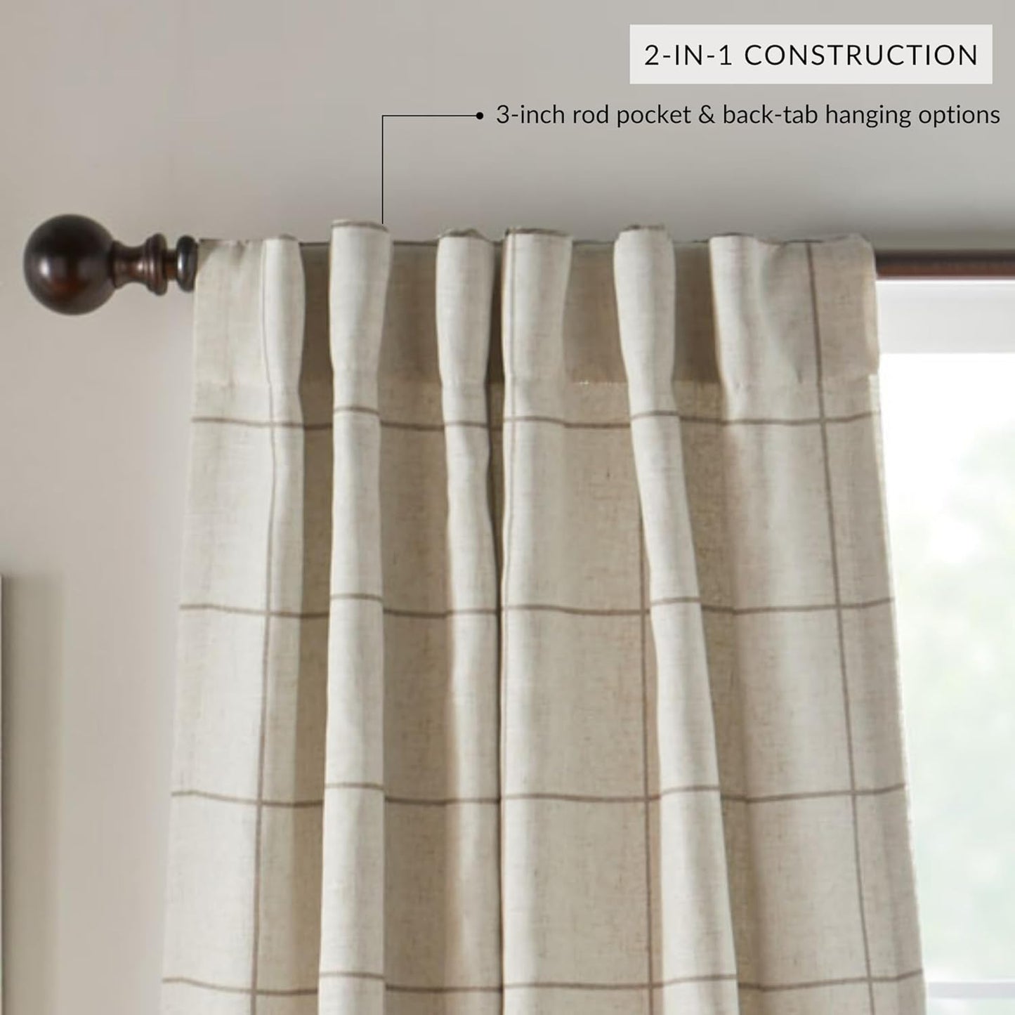 Elrene Home Fashions Brighton Windowpane Plaid Blackout Window Curtain, Living Room and Bedroom Drape with Rod Pocket Tabs, 52" x 84", Linen, 1 Panel