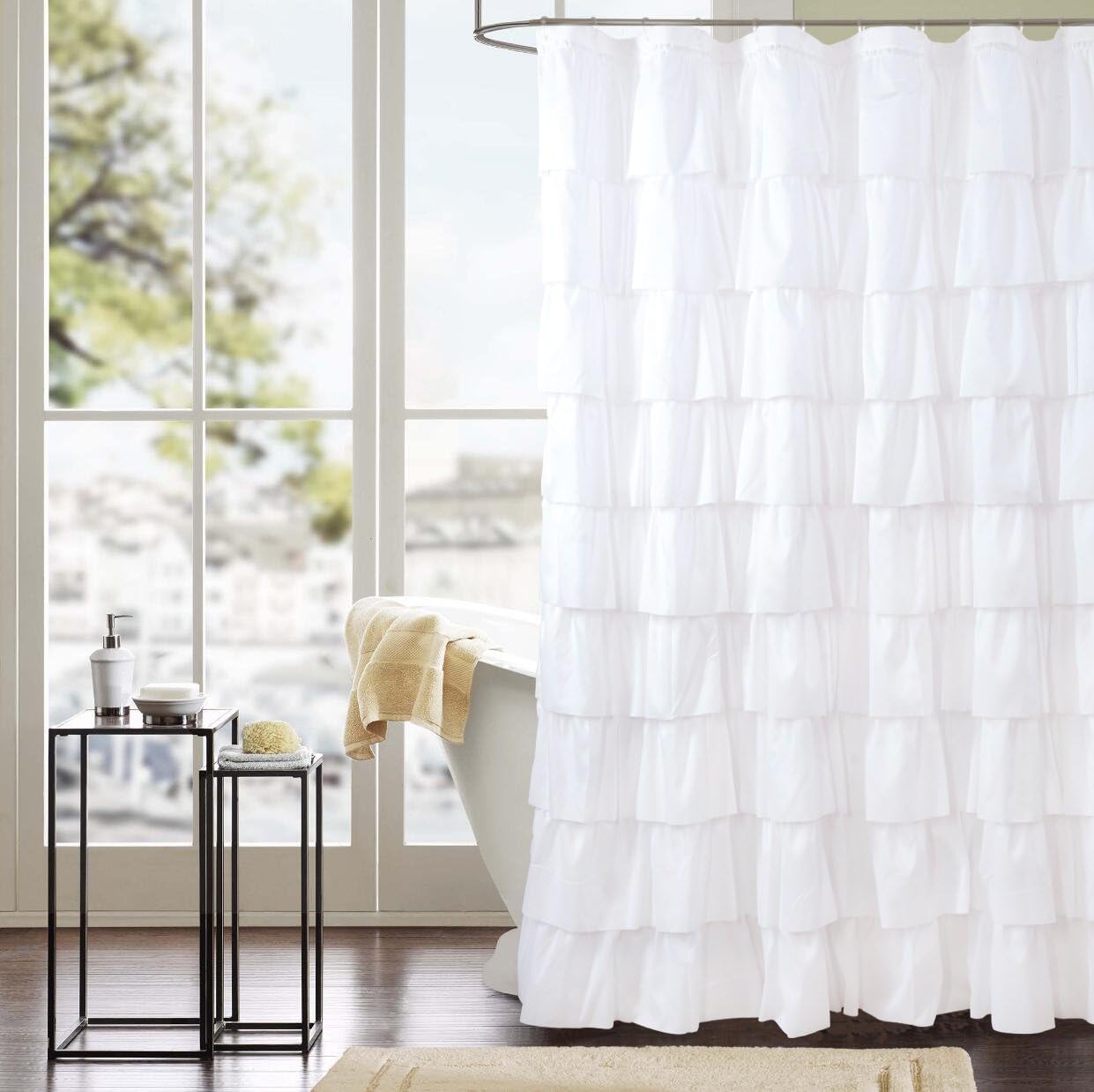 White Ruffle Shower Curtain - Farmhouse Cloth Bathroom 72 x 72 Inches Texture Fashion, Double Layer Fabric, not See Through.