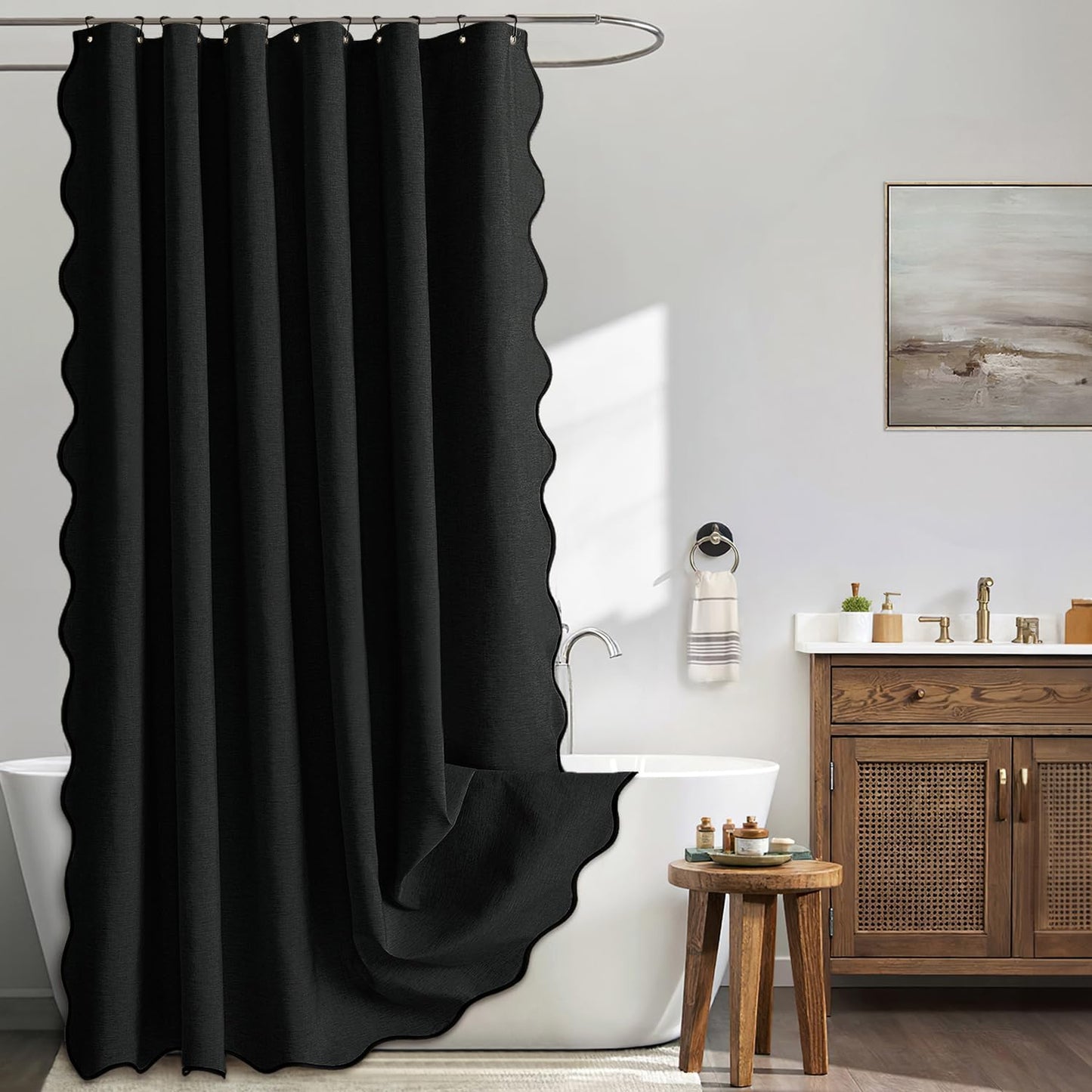 MIULEE Beige Scalloped Shower Curtain Linen Textured with 12 Metal Hooks Cute Heavy Duty Washable Waterproof Neutral Thick Cloth Shower Curtains with Black Border for Bathroom Hotel Bathtub,W72*L72