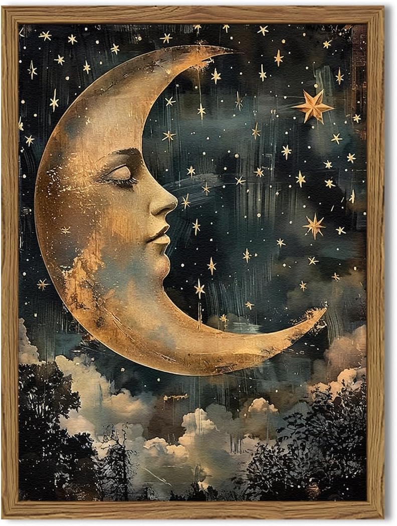 Enchanted Forest Firefly Wall Art, Dark Twilight Landscape Wall Decor 3D Texture Hand Drawn Sandstone Magical Nature Botanical Painting Artwork for Bedroom Living Room 24x16 inch Wood Framed