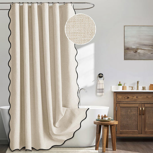 MIULEE Beige Scalloped Shower Curtain Linen Textured with 12 Metal Hooks Cute Heavy Duty Washable Waterproof Neutral Thick Cloth Shower Curtains with Black Border for Bathroom Hotel Bathtub,W72*L72