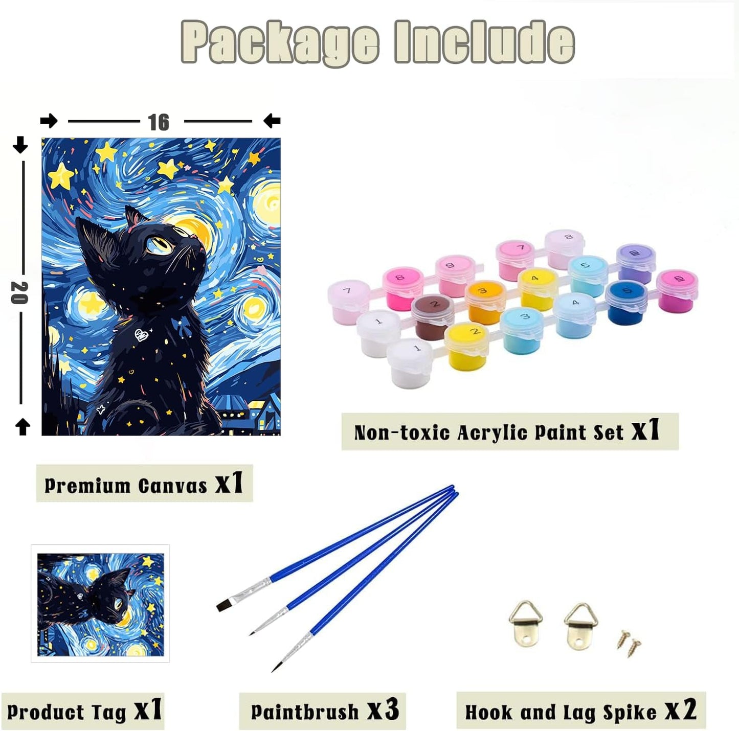 Yunnuo Paint by Numbers for Adults Black Cat, Paint by Numbers Kit on Canvas for Beginners, Starry Night Number Painting Set Craft Supplies, 3 Paintbrushes and Acrylic Paint 16x20 Inch