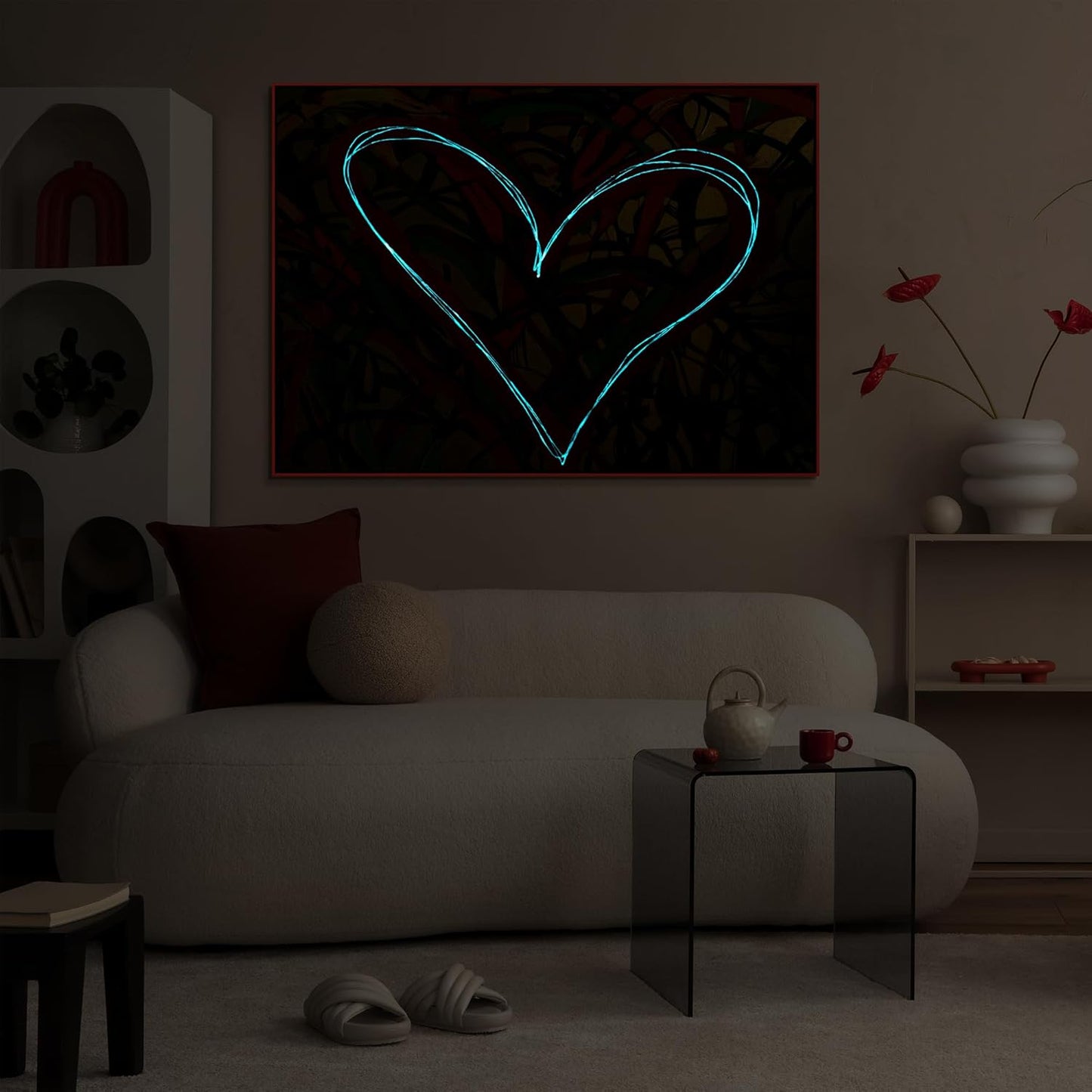 YS-Art Framed Acrylic Glow in The Dark Art Dance of The Hearts Night Light Abstract Modern Artwork Luminous Wall Decor 55x40 inch
