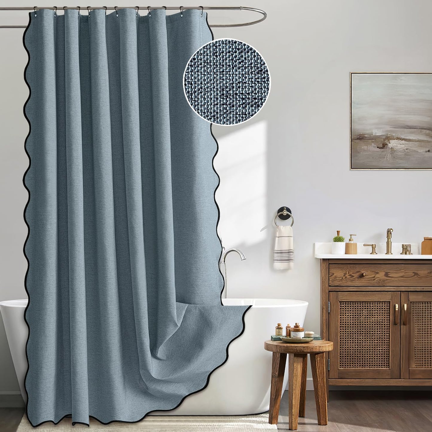 MIULEE Beige Scalloped Shower Curtain Linen Textured with 12 Metal Hooks Cute Heavy Duty Washable Waterproof Neutral Thick Cloth Shower Curtains with Black Border for Bathroom Hotel Bathtub,W72*L72