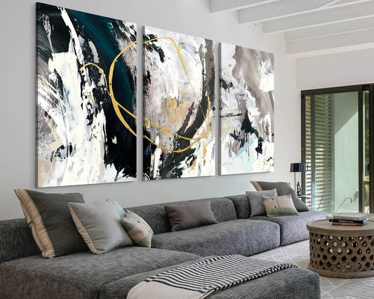 GIFTTWART Oversized Abstract Wall Art – Black White and Gold Canvas Painting with Textured Look for Living Room or Office Decoration