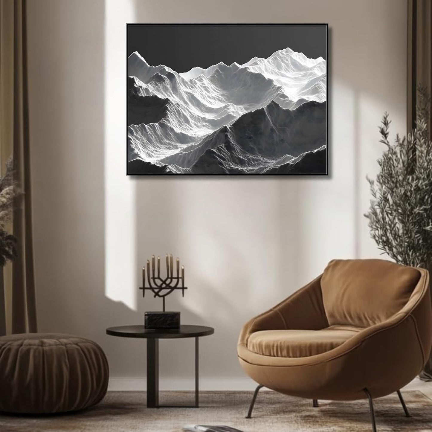 Black Landscape Art Paintings for Wall, Mountain Art Wall Decor, Fantasy Landscape Art, Mountain Wall Art, Black and White Abstract Wall Art (Black Frame, 54W x40L, Framed)