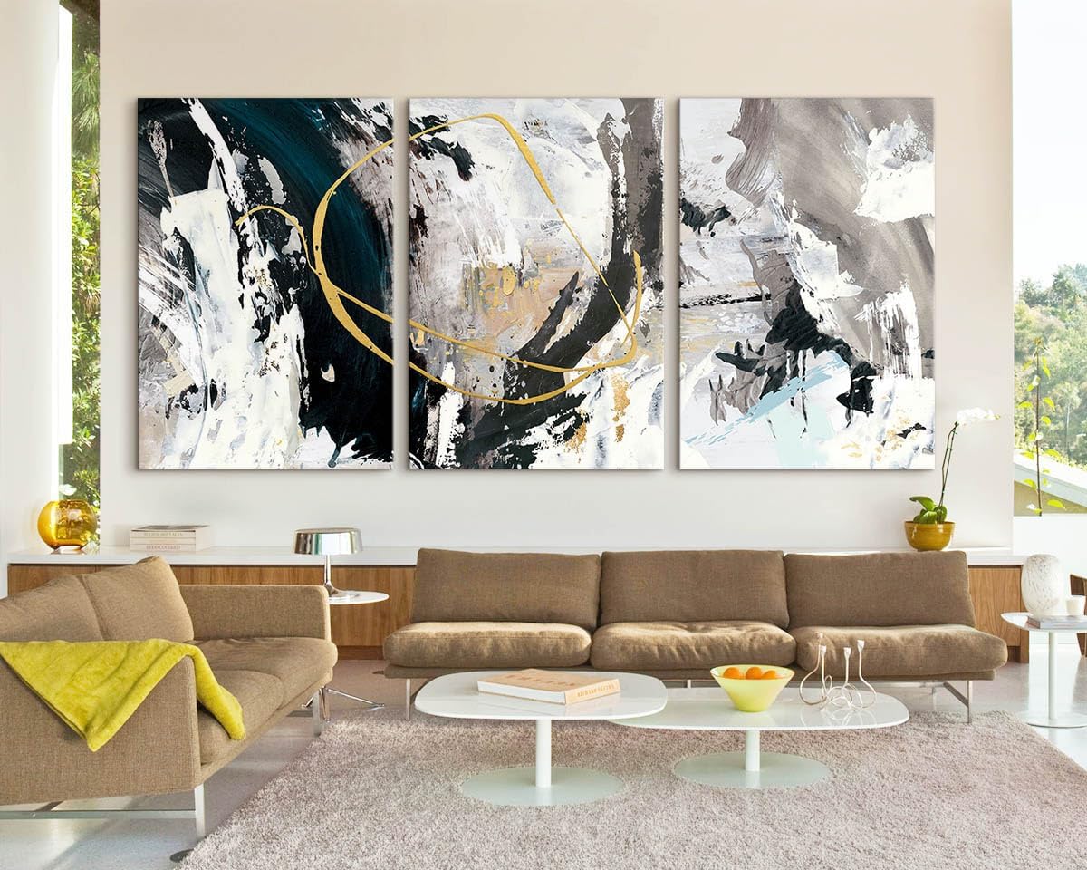GIFTTWART Oversized Abstract Wall Art – Black White and Gold Canvas Painting with Textured Look for Living Room or Office Decoration