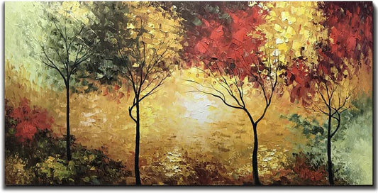 Tiancheng Art,30x60 Inch Modern Hand-Painted Oil Paintings Impressionism Colorful Tree Art Frame Painting Propylene Canvas Forest Wall Art Living Room Interior Decorative Painting Ready to Hang