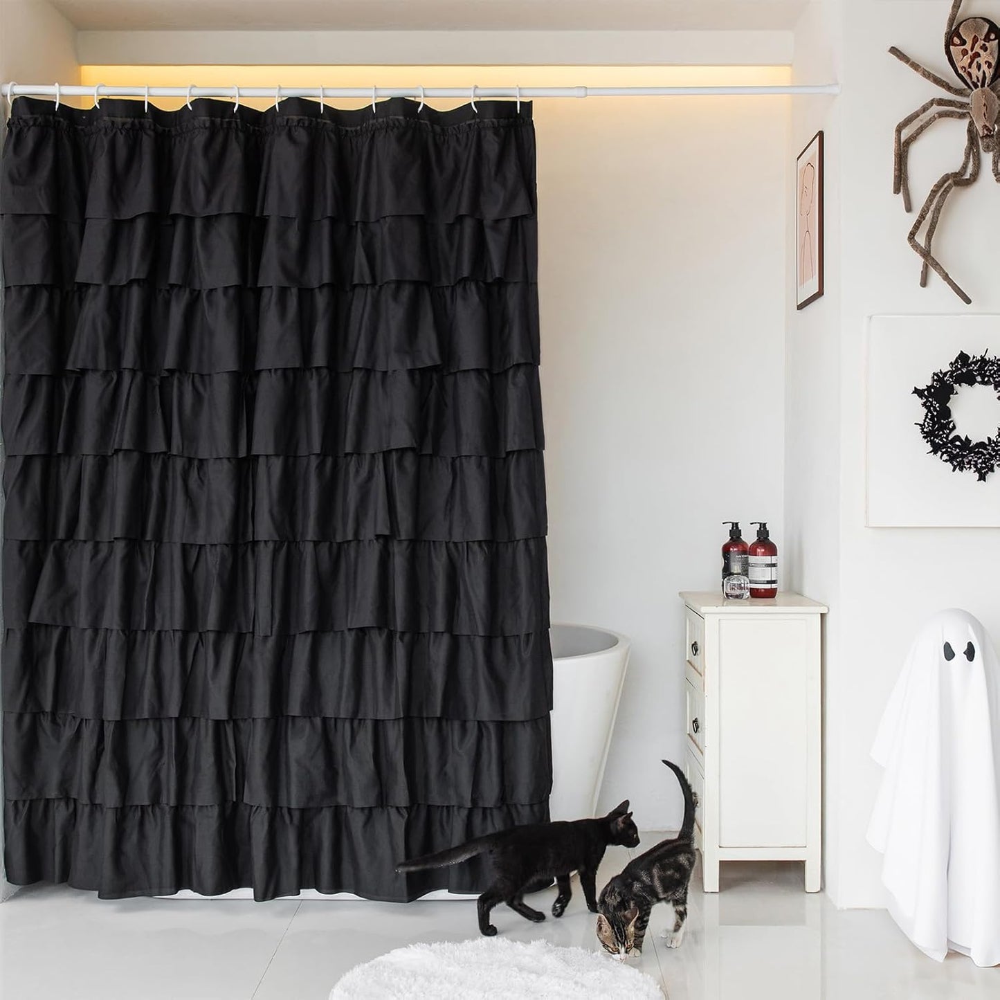 White Ruffle Shower Curtain - Farmhouse Cloth Bathroom 72 x 72 Inches Texture Fashion, Double Layer Fabric, not See Through.