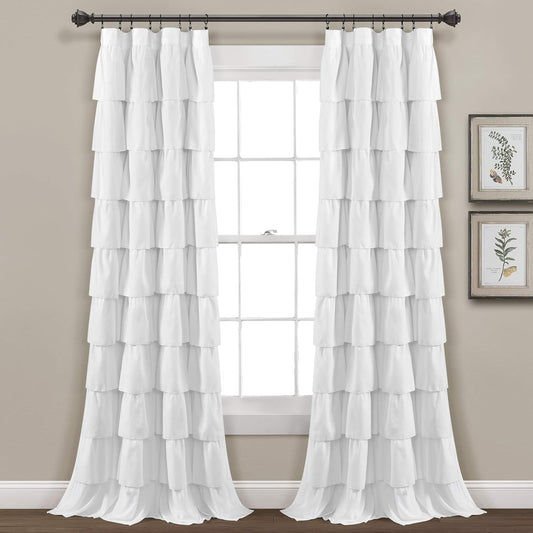Lush Decor Ruffle Window Curtain - Vintage Chic Farmhouse Style Panel for Living, Dining Room, Bedroom (Single), 50”W x 84"L, White