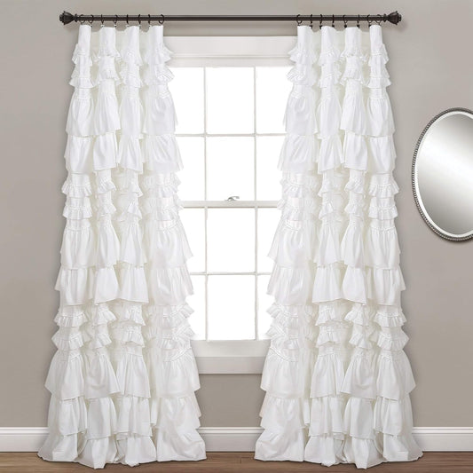 Lush Decor Kemmy Light Filtering Window Curtain Panel Single 52" W x 84" L White - Drapes - Ruffled Curtains for Bedroom - White Curtains - Coquette Decor