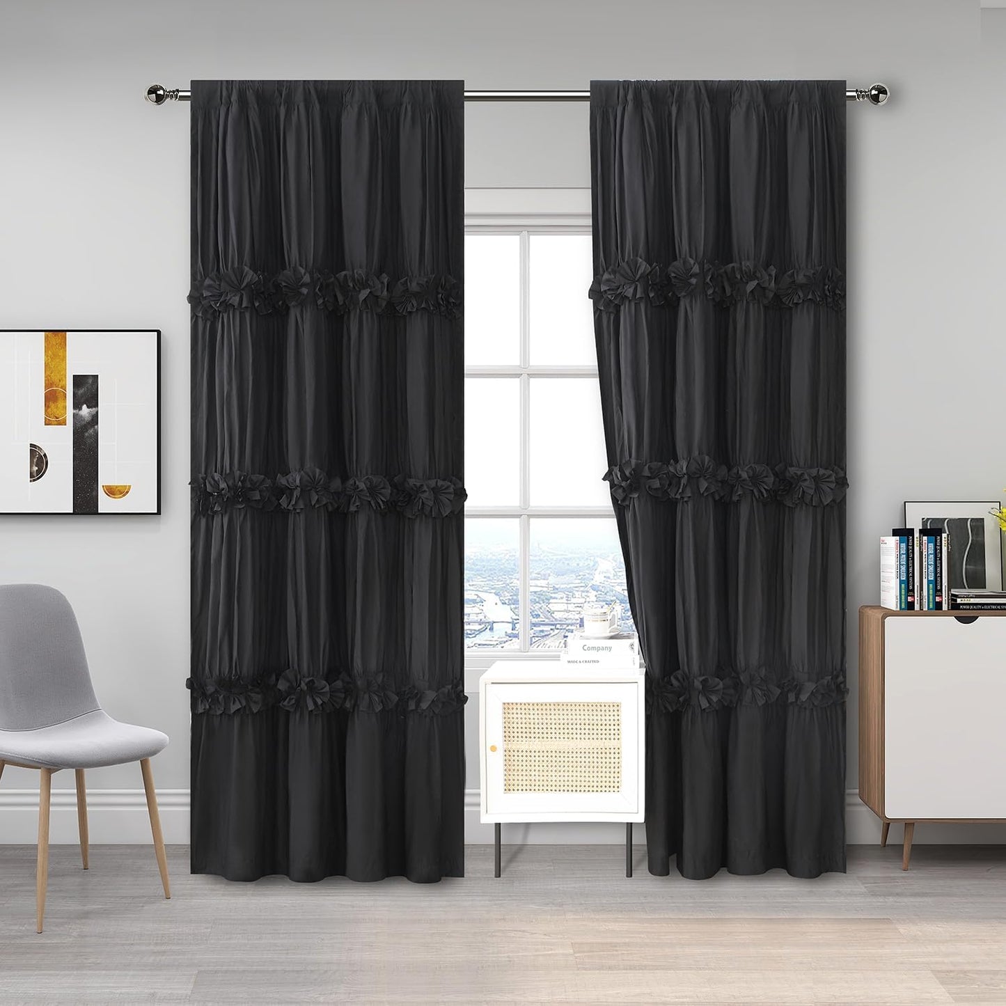 Thermal Insulated Blackout Window Curtains, 54" W x 84" L x 2 Panels, Boho Ruched Window Treatments with 3 Rows of Butterfly Flowers, Rustic Rod Pocket Drapes for Room, White (LQ-30)
