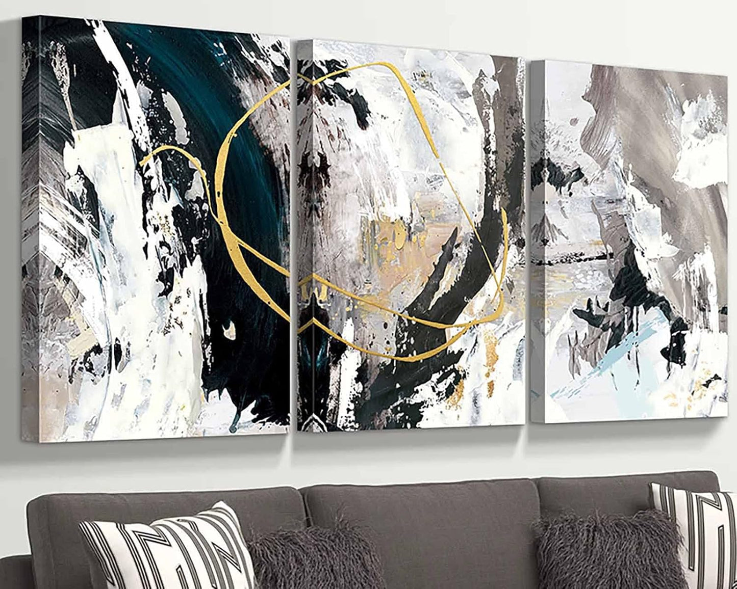 GIFTTWART Oversized Abstract Wall Art – Black White and Gold Canvas Painting with Textured Look for Living Room or Office Decoration