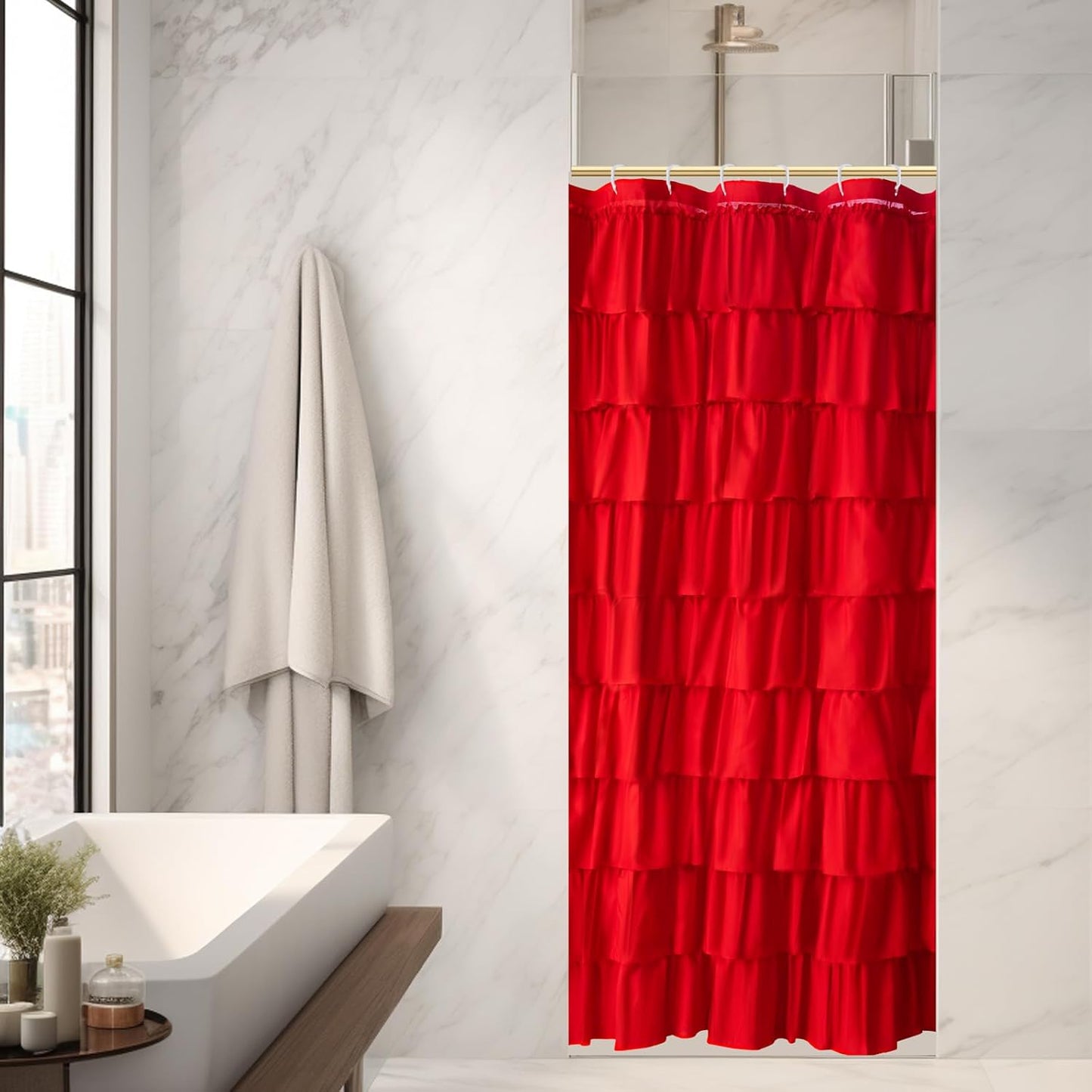 White Ruffle Shower Curtain - Farmhouse Cloth Bathroom 72 x 72 Inches Texture Fashion, Double Layer Fabric, not See Through.
