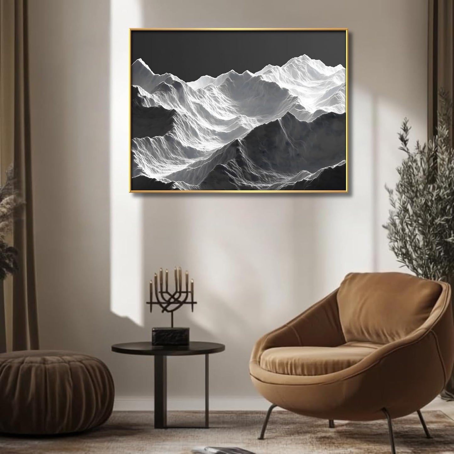 Black Landscape Art Paintings for Wall, Mountain Art Wall Decor, Fantasy Landscape Art, Mountain Wall Art, Black and White Abstract Wall Art (Black Frame, 54W x40L, Framed)