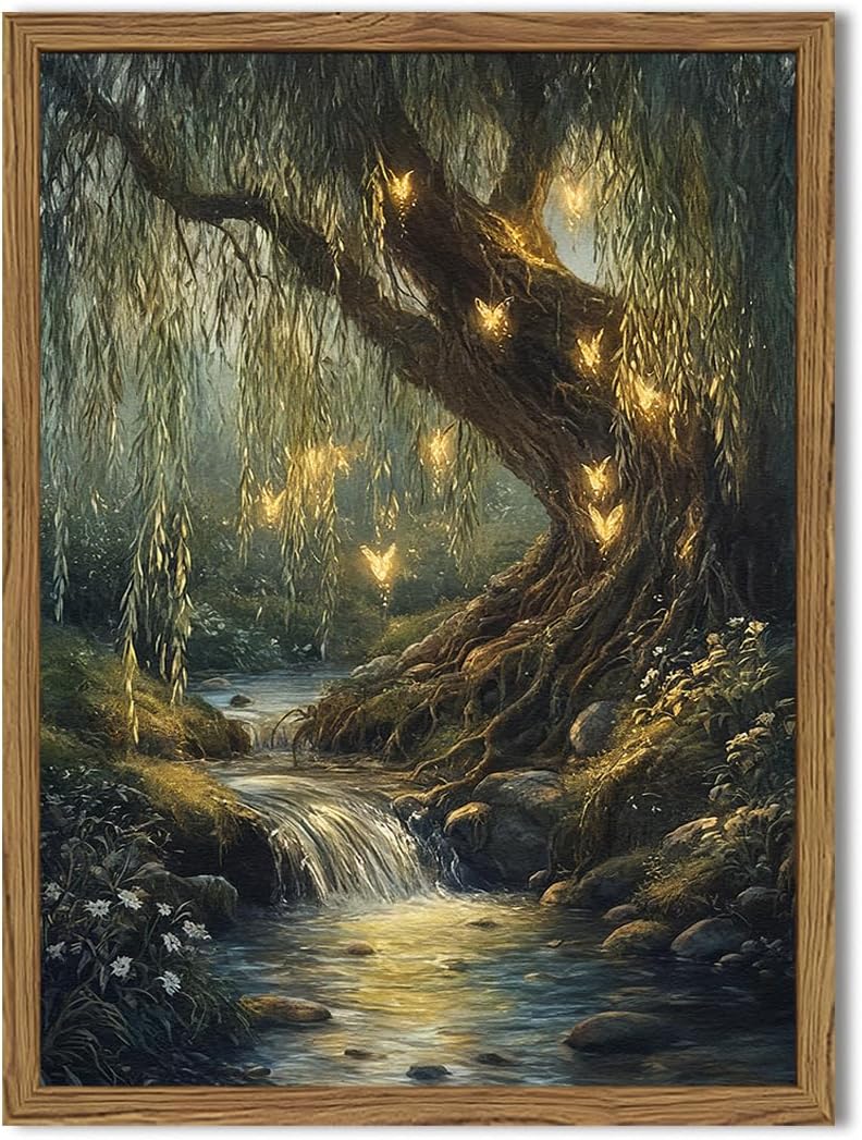 Enchanted Forest Firefly Wall Art, Dark Twilight Landscape Wall Decor 3D Texture Hand Drawn Sandstone Magical Nature Botanical Painting Artwork for Bedroom Living Room 24x16 inch Wood Framed