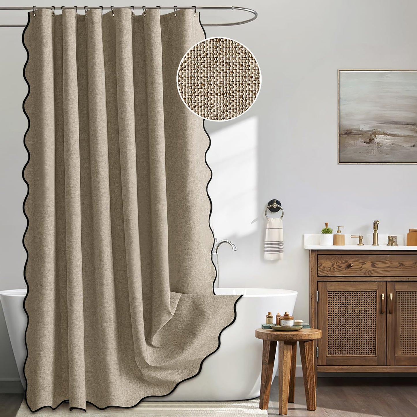 MIULEE Beige Scalloped Shower Curtain Linen Textured with 12 Metal Hooks Cute Heavy Duty Washable Waterproof Neutral Thick Cloth Shower Curtains with Black Border for Bathroom Hotel Bathtub,W72*L72