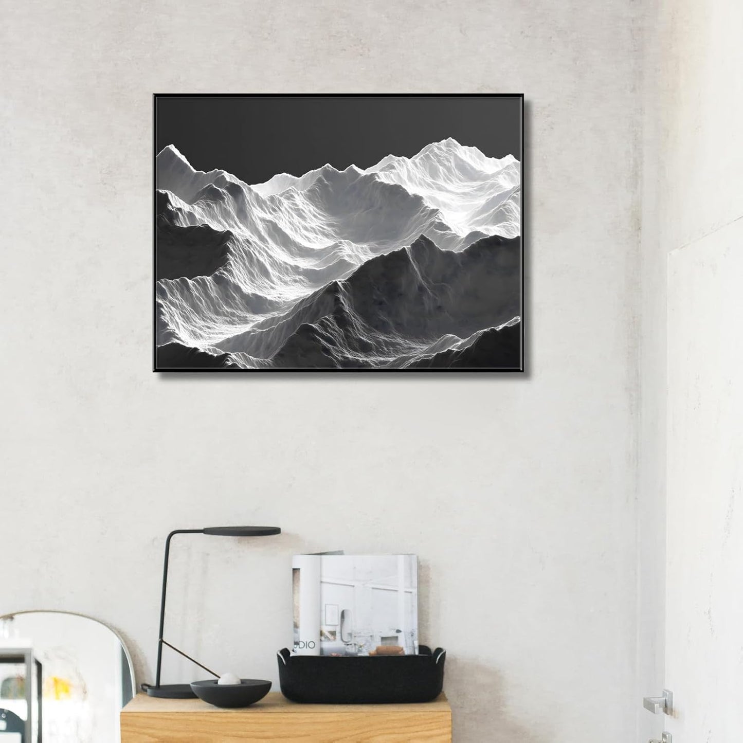 Black Landscape Art Paintings for Wall, Mountain Art Wall Decor, Fantasy Landscape Art, Mountain Wall Art, Black and White Abstract Wall Art (Black Frame, 54W x40L, Framed)